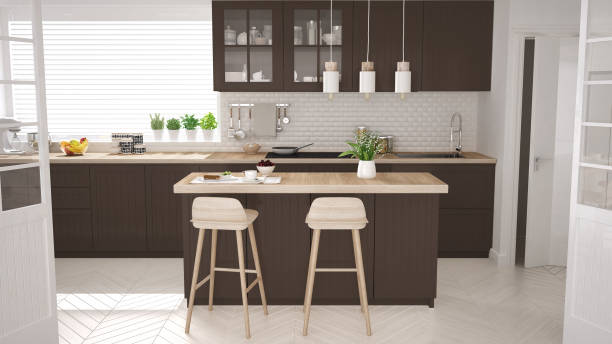 istock Scandinavian classic kitchen with wooden and brown details, minimalistic interior design 682499888