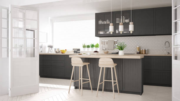 istock Scandinavian classic kitchen with wooden and gray details, minimalistic interior design 682500168