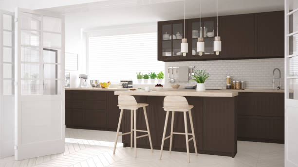istock Scandinavian classic kitchen with wooden and brown details, minimalistic interior design 682500356