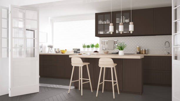 istock Scandinavian classic kitchen with wooden and brown details, minimalistic interior design 682500638