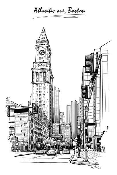 Panorama of the Custom House Tower. Sketch isolated on white background. EPS10 vector illustration. Panorama of the State street and Custom House Tower in Boston. Cityscape, urban hand drawing. Sketch isolated on white background. EPS10 vector illustration. famous american landmark drawing stock illustrations