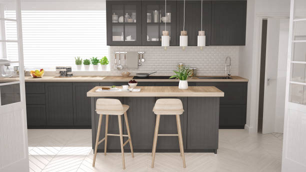 istock Scandinavian classic kitchen with wooden and gray details, minimalistic interior design 682501120