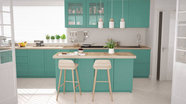 istock Scandinavian classic kitchen with wooden and turquoise details, minimalistic interior design 682501666