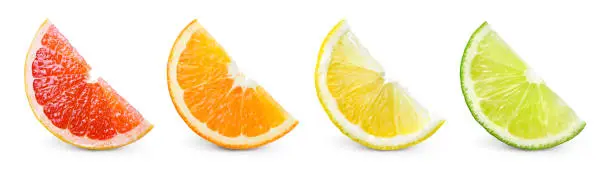 Citrus fruit. Orange, lemon, lime, grapefruit. Slices isolated on white background. Collection.