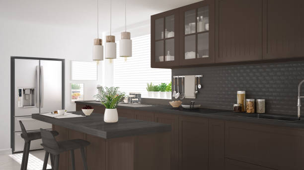 istock Scandinavian classic kitchen with wooden and brown details, minimalistic interior design 682501912