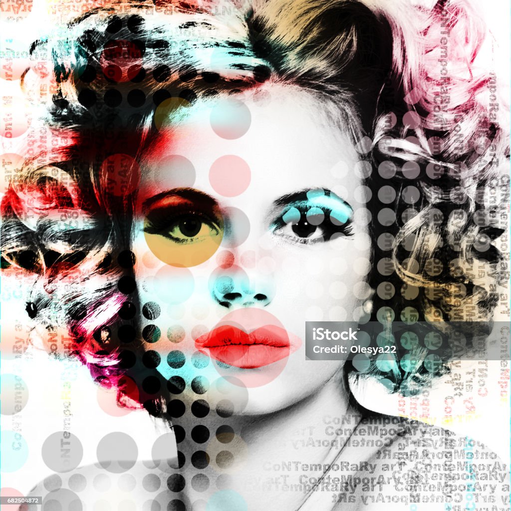 Das Plakat mit einem Porträt von einem schönen Mädchen im Stil der zeitgenössischen Kunst. - Lizenzfrei Pop Art Stock-Foto