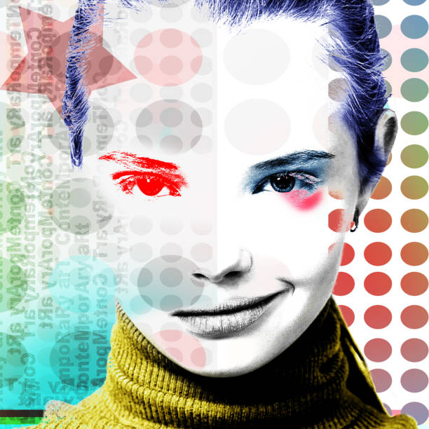 Poster with a portrait of a pretty grinning girl in a modern style of pop art. stock photo