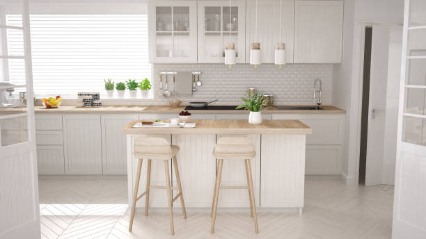 istock Scandinavian classic kitchen with wooden and white details, minimalistic interior design 682509532