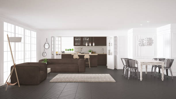 istock Minimalist white and brown living and kitchen, scandinavian classic interior design 682516548