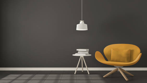 istock Scandinavian minimalistic background, orange armchair with table and pendant lamp on herringbone natural parquet flooring, interior design 682520836