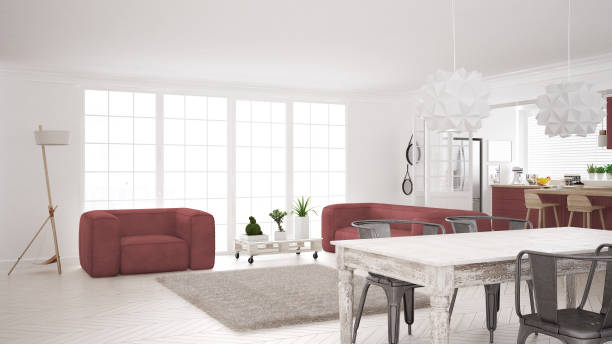 istock Minimalist white and red living and kitchen, scandinavian classic interior design 682520956