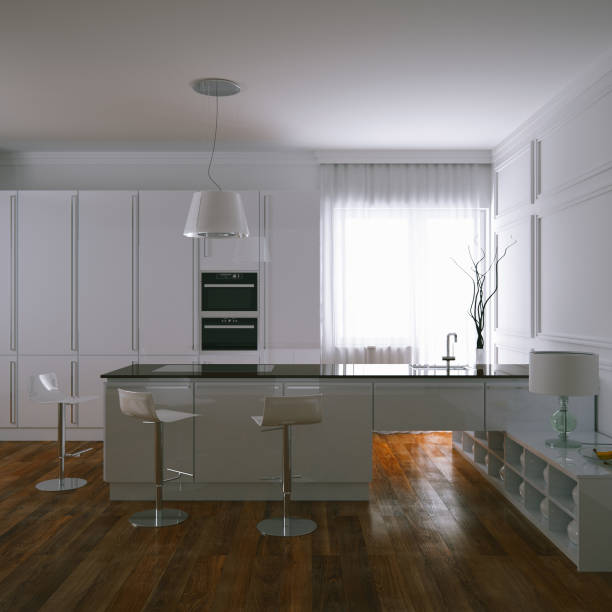 istock 3d render contemporary white kitchen and wooden parquet floor 682523524