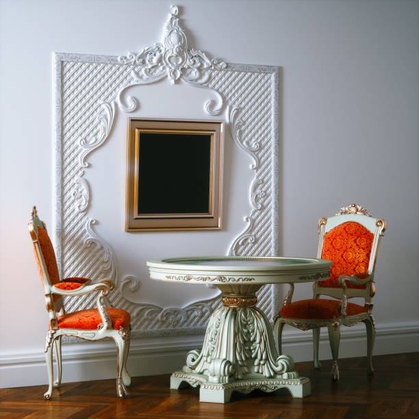 istock Baroque dining area style with carved furniture. 3d render. 682523530
