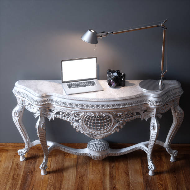 istock Above work place with laptop, camera and lamp 3d render 682523900