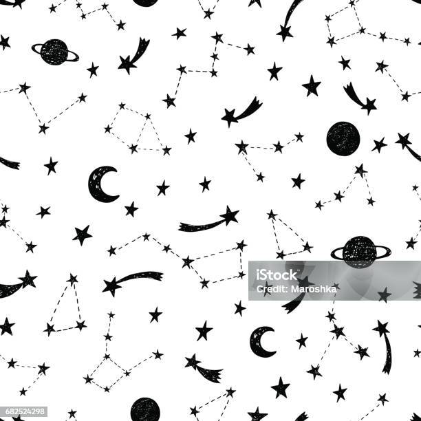 Stylized Night Sky Seamless Pattern Stock Illustration - Download Image Now - Outer Space, Black And White, Constellation