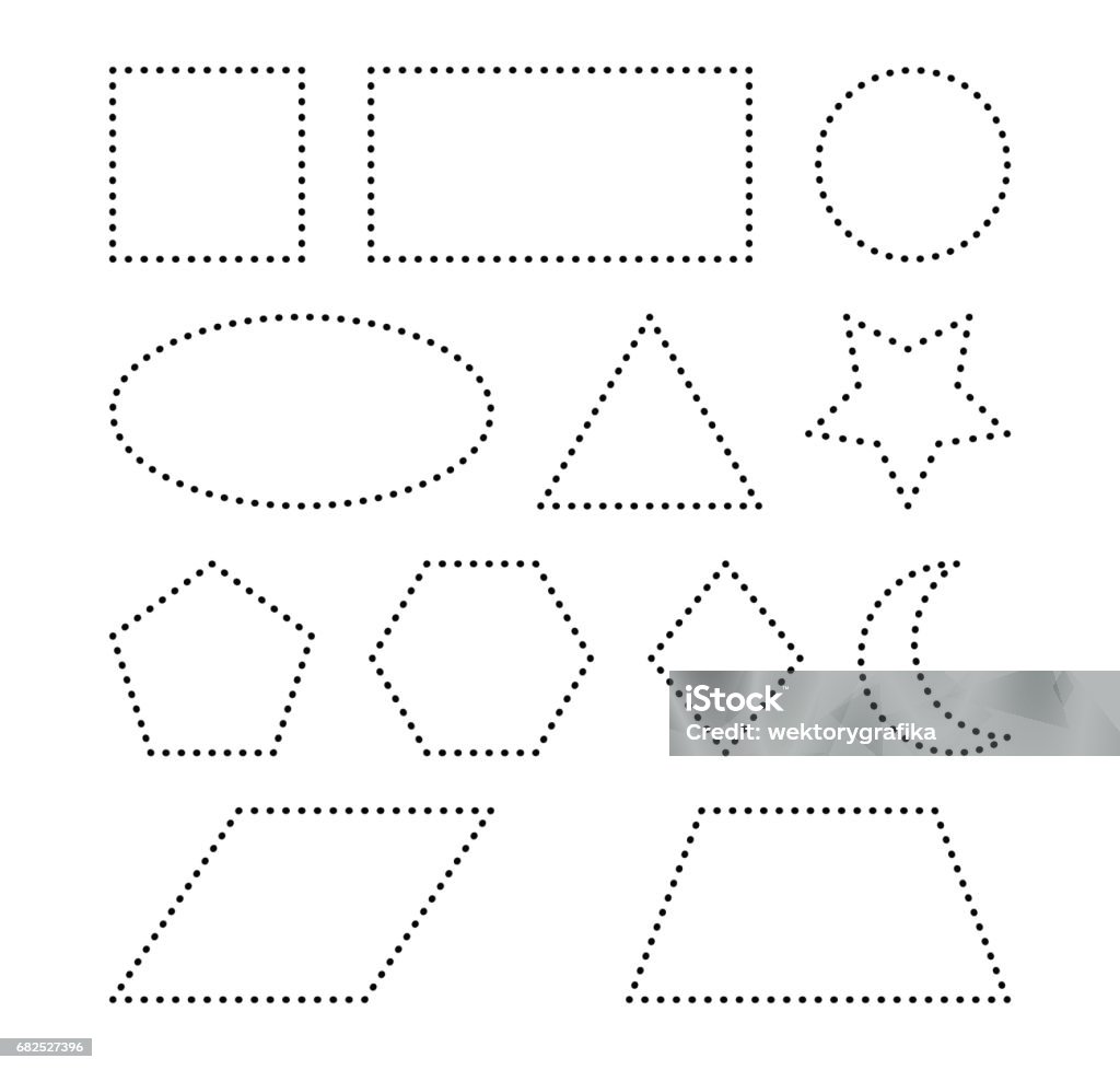 geometric shapes vector symbol icon design. geometric shapes square, circle, oval, triangle, hexagon, rectangle, star,heart,rhombus vector symbol icon design. Beautiful illustration isolated on white background Dotted Line stock vector