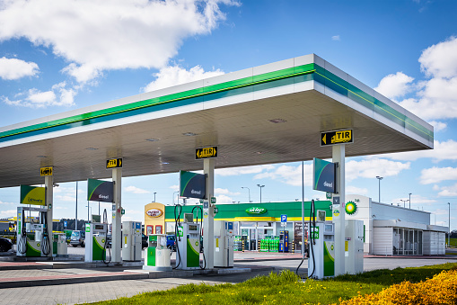 Szczecin, Poland - April 30,2017:BP gas station. BP gas stations and products including gasoline, diesel, motor oil, Szczecin, Poland