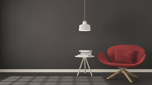 istock Scandinavian minimalistic background, red armchair with table and pendant lamp on herringbone natural parquet flooring, interior design 682532786