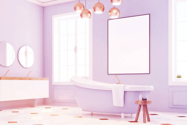 istock Blue bathroom interior with poster, corner, toned 682533130