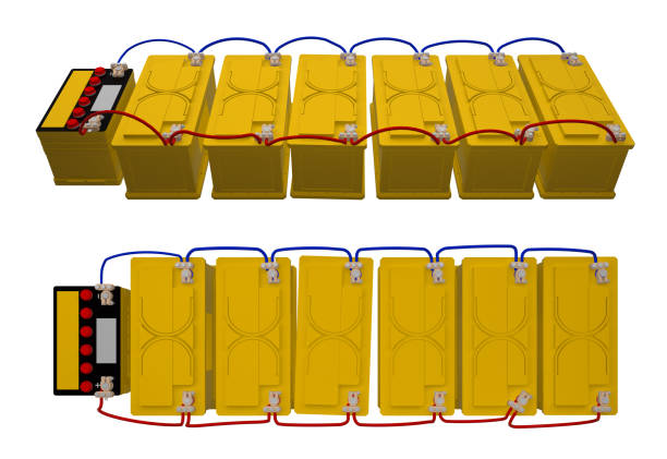 gruppe autobatterien angeschlossen 3d-rendering - 12v stock-fotos und bilder