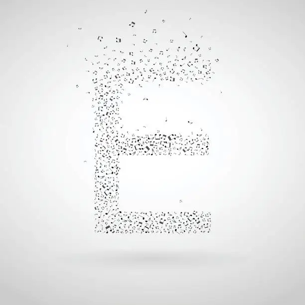 Vector illustration of Letter E made from flying musical notes.
