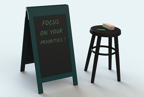 FOCUS ON YOUR PRIORITIES, message on blackboard, 3D rendering