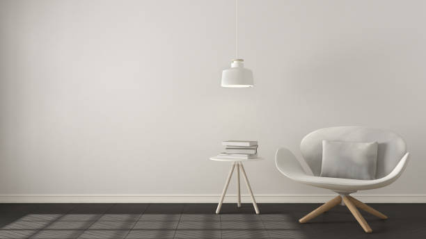 istock Scandinavian minimalistic background, white armchair with table and pendant lamp on herringbone natural parquet flooring, interior design 682544372