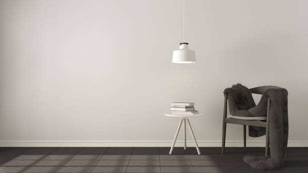 istock Scandinavian white and gray background, with table and pendant lamp on herringbone natural parquet flooring, interior design 682546926