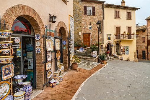 Ceramic shops in the old town of Deruta, one of the well preserved medieval towns in Umbria.