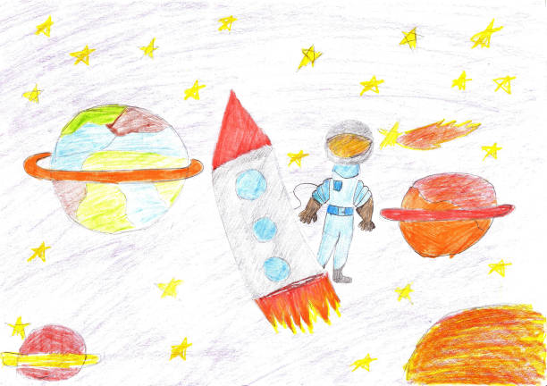 Children drawing space planet rocket Flight of the rocket and astronauts in the universe and the space planets astronaut drawings stock illustrations