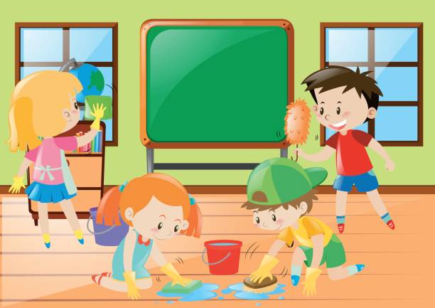 Students cleaning classroom together Students cleaning classroom together illustration school cleaning stock illustrations