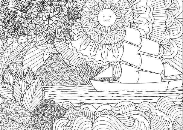 Smile summer Line art design of seascape for adult or kids coloring book page. Vector illustration. adult stock illustrations