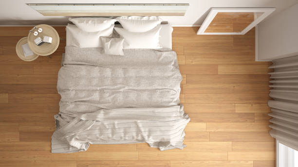 istock Classic bedroom, scandinavian modern style, minimalistic interior design, background, top view 682554794