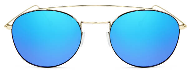 golden sunglasses  blue mirror lenses  isolated on white background