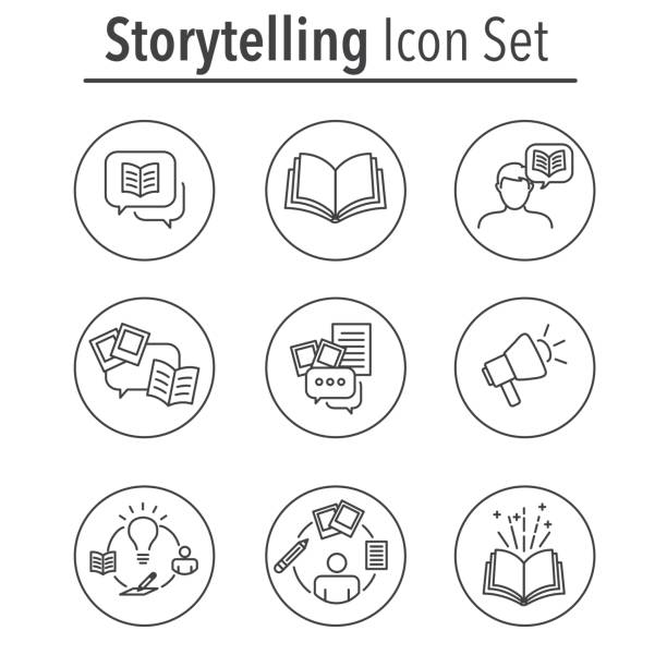 ilustraciones, imágenes clip art, dibujos animados e iconos de stock de conjunto de iconos de narración de cuentos con burbujas de discurso - contar una historia