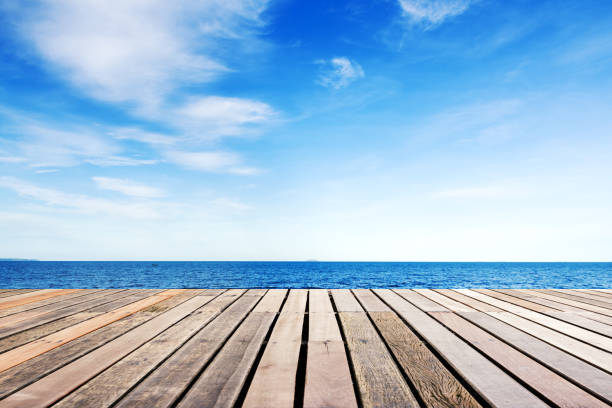 istock Wooden floor with blue sea and sky background 682556632