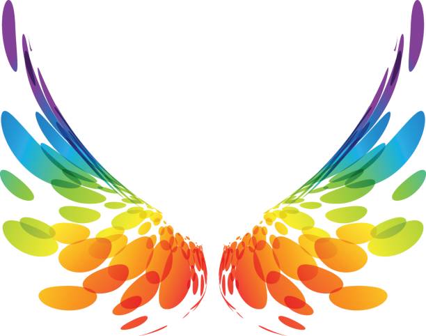 Pair colorful wings on white Multicolored futuristic wings on white background feather illustrations stock illustrations