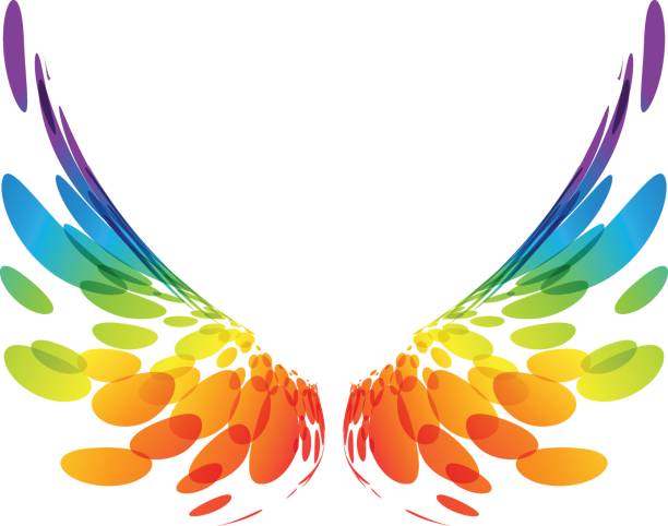 Pair colorful wings on white Multicolored futuristic wings on white background yellow bird wings stock illustrations