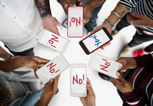 Hands Hold Yes No Mobile Phone Together