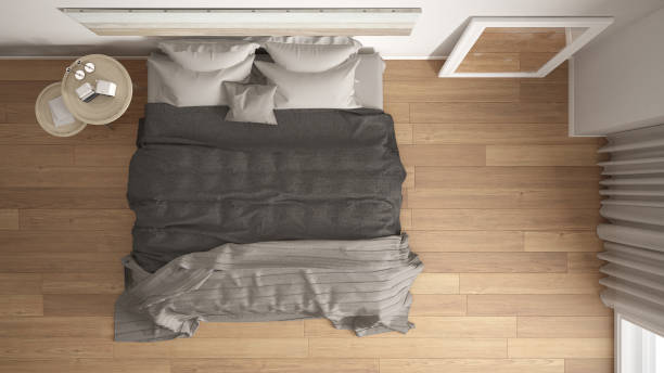 istock Classic bedroom, scandinavian modern style, minimalistic interior design, background, top view 682560428