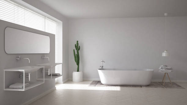 istock Scandinavian bathroom, white minimalistic interior design 682560644