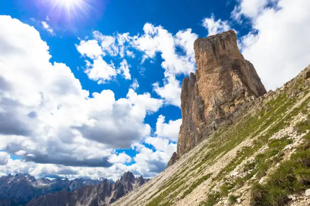 The first of the three peaks, Cima Piccola (2857 m), looking from the base