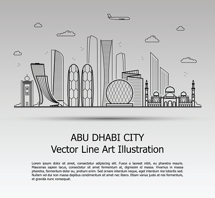 Line Art Vector Illustration of Modern Abu Dhabi City with Skyscrapers. Flat Line Graphic. Typographic Style Banner. The Most Famous Buildings Cityscape on Gray Background.