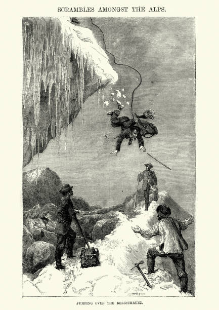 Vintage engraving of Victorians climbing in the Alps, Jumping over the Bergschrund, The Leisure Hour, 1873