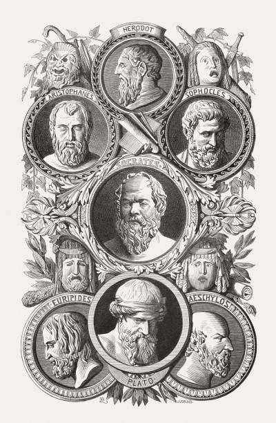 유명한 그리스 시인 및 철학자, 나무 조각, 1880 년에 출판 - sophocles stock illustrations