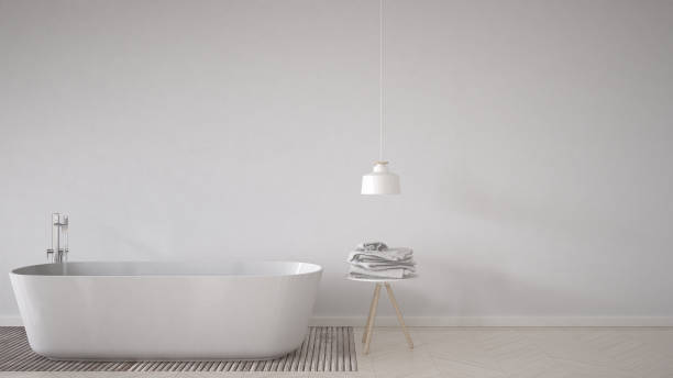 istock Scandinavian bathroom background, bathtub, table and lamp on herringbone natural parquet flooring, interior design 682567122