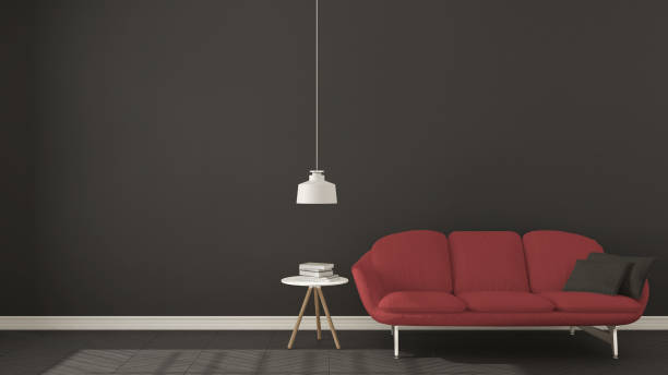 istock Scandinavian minimalistic dark background, with red sofa on herringbone natural parquet flooring, interior design 682567578