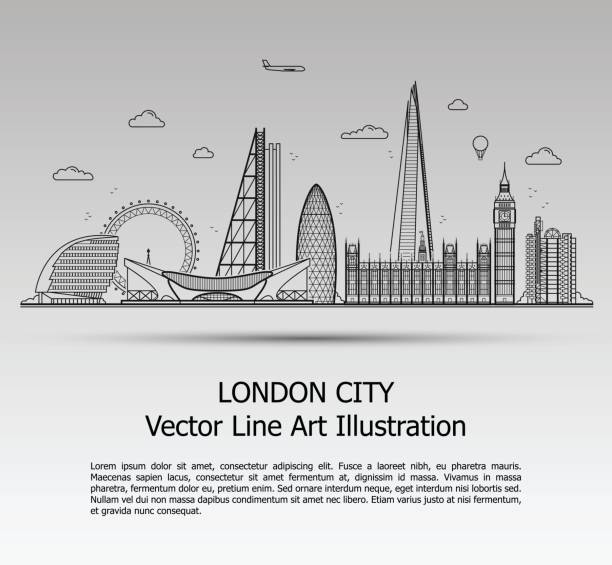 London City Gray Line Art Vector Illustration of Modern London City with Skyscrapers. Flat Line Graphic. Typographic Style Banner. The Most Famous Buildings Cityscape on Gray Background. fame illustrations stock illustrations