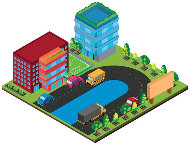3D design for buildings and cars on the road 3D design for buildings and cars on the road illustration singapore flats stock illustrations