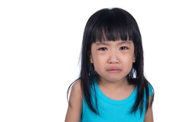 Crying Asian Chinese little girl in isolated white background